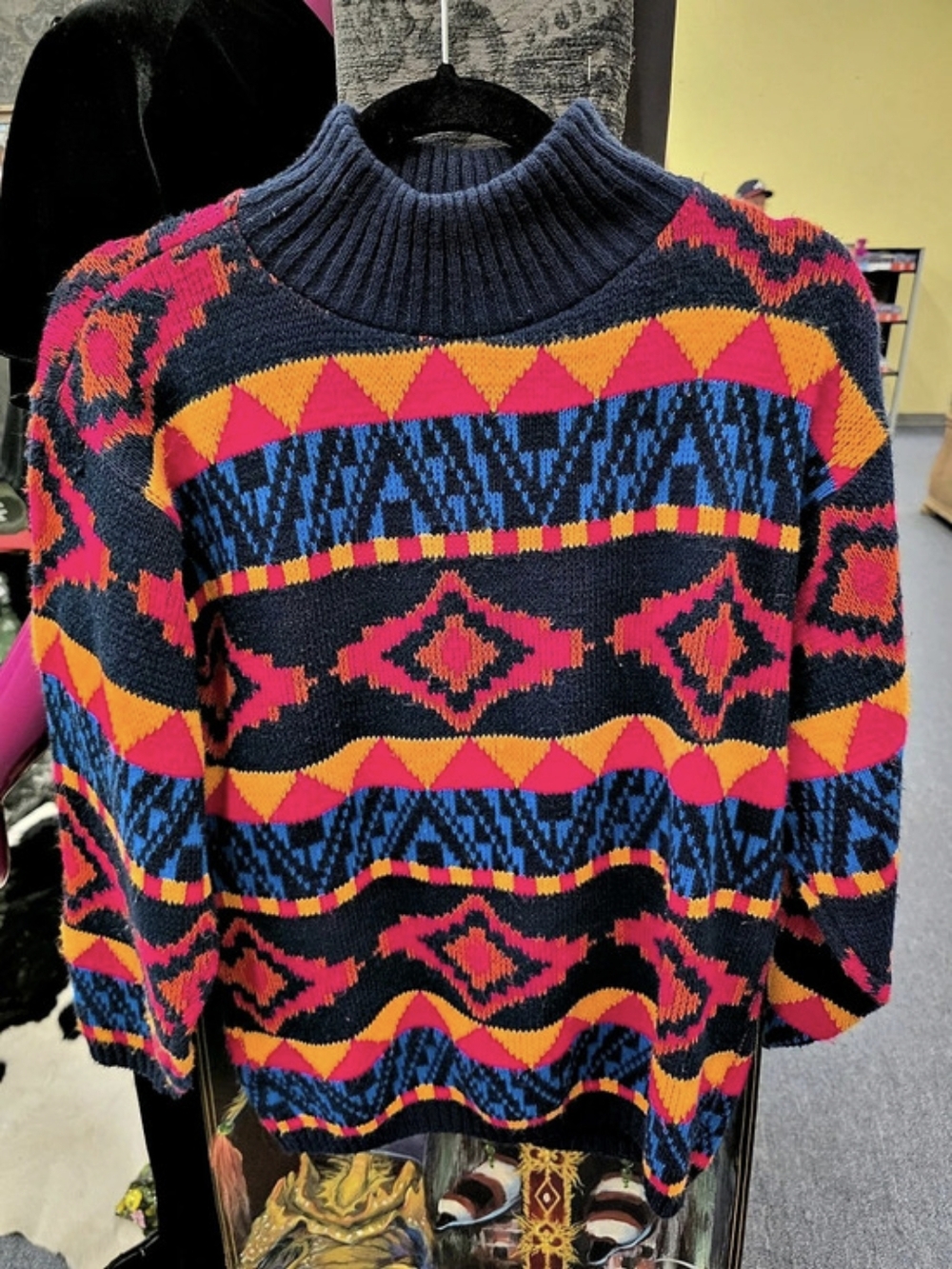 Vintage CROQUET Geometric Turtleneck Sweater in Blue & Pink Size Medium